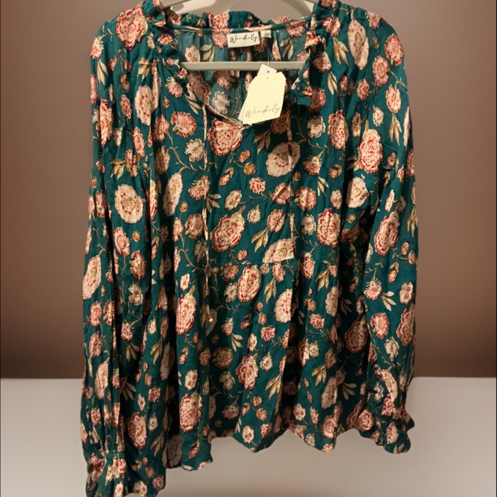 NWT Wonderly Floral Smocked Blouse Sage Green Boho Cottagecore Peasant Top Sz Lg